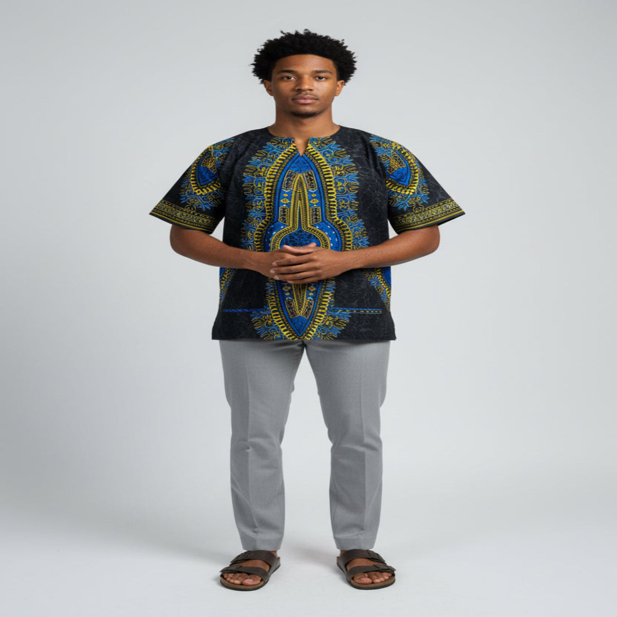 African Ethnic Print Men Danshiki Top, Modern Cotton