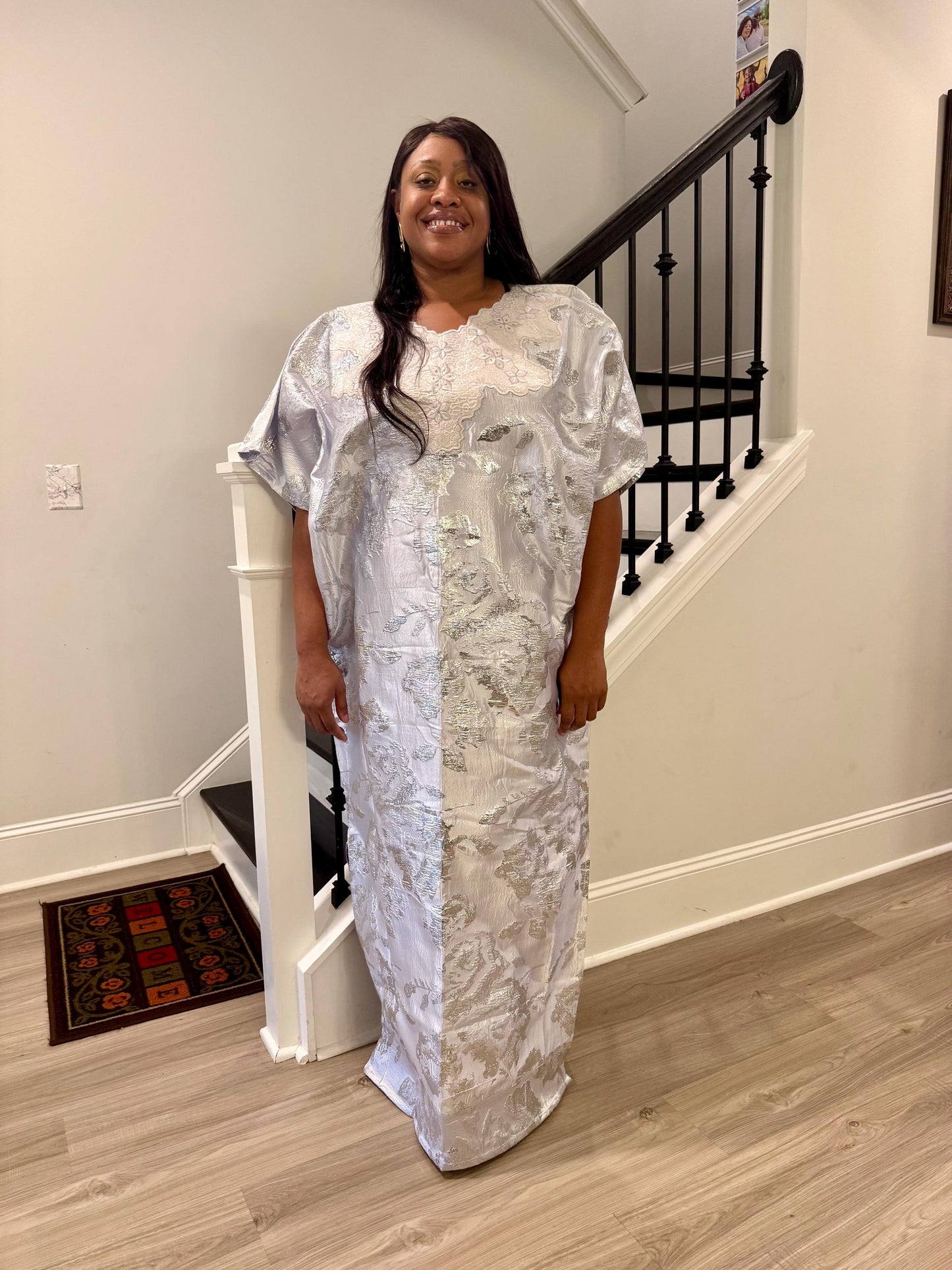 Embroidered White Damask Brocade Maxi Dress: African Boubou Gown