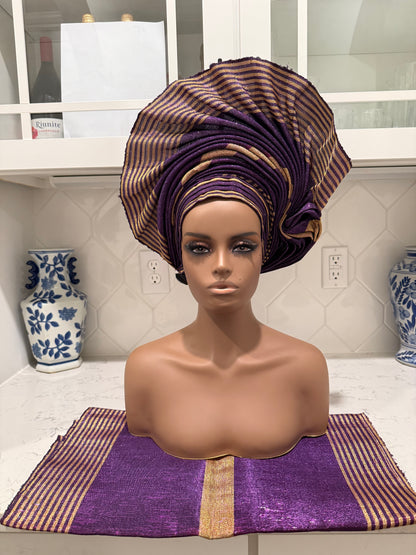 Auto Gele & Ipele Set . Plain Pattern Traditional Aso-Oke Bridal Headwear