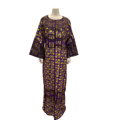 African Gold Plated Ankara Wax Print Embroidered Kaftan Dress with Glittery Stones