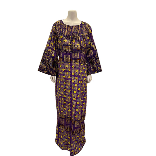 African Gold Plated Ankara Wax Print Embroidered Kaftan Dress with Glittery Stones