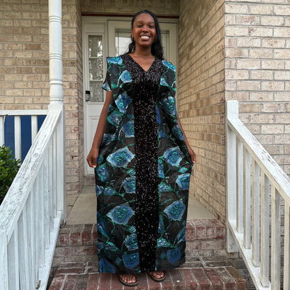 African Unique Rich Aunty Black Damask Brocade Boubou/Maxi Dress