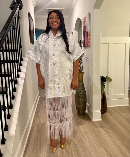 White Brocade African Maxi Dress: Modern Bubu/Boubou Gown