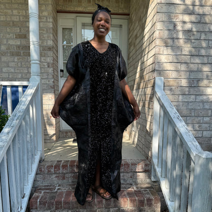 Luxury Gold and Black African European Damask Brocade Bubu Maxi Dress