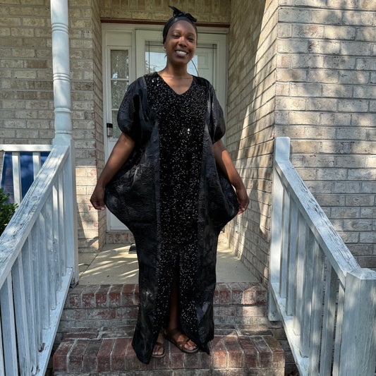 African Unique Rich Aunty Black Damask Brocade Boubou/Maxi Dress Afro American Outfits