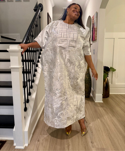 Embroidered White Brocade Maxi Dress: African Bubu Boubou Gown