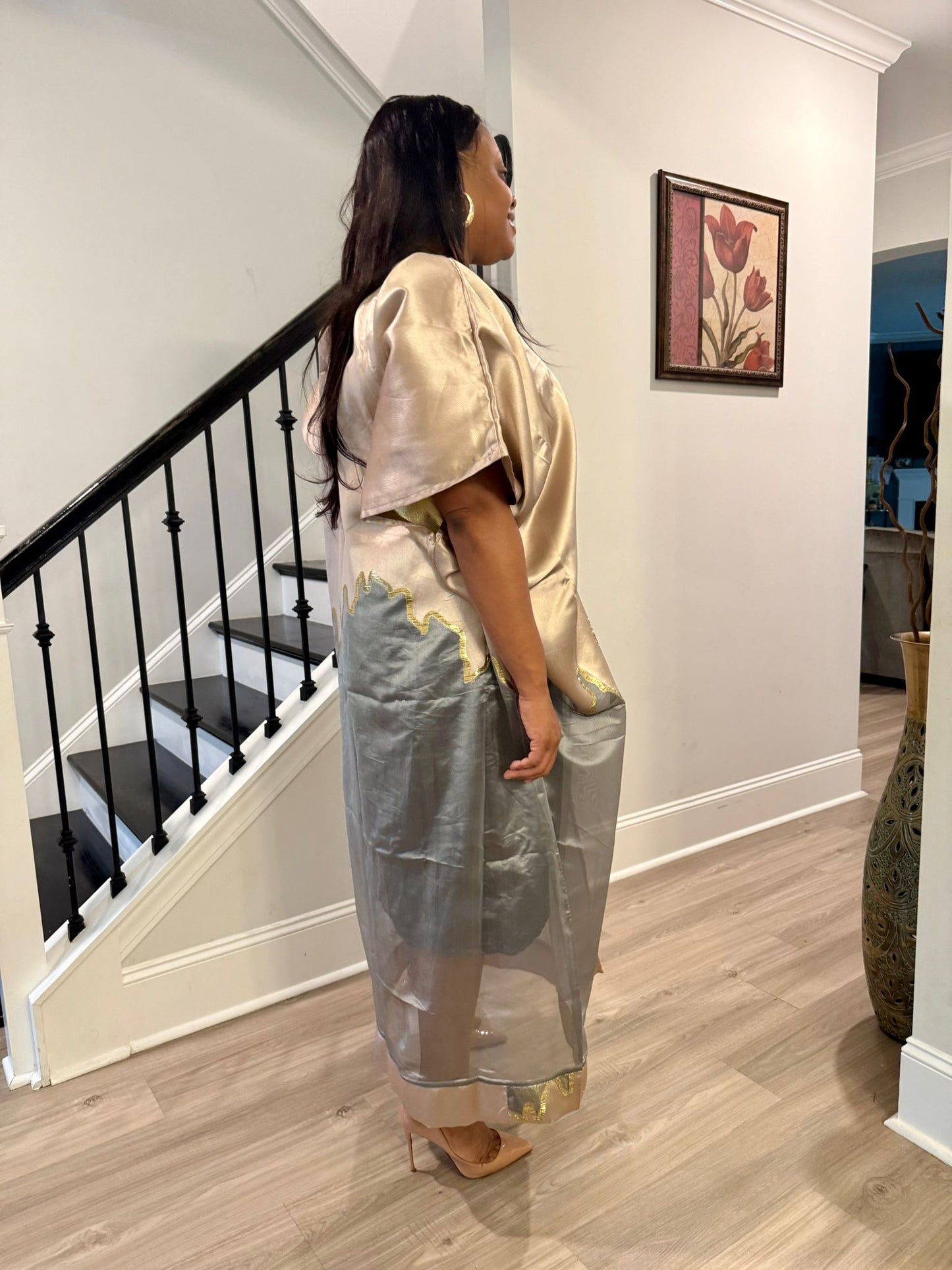 Modern Luxury 2 tone European Organza/Damask Brocade Bubu/Boubou Maxi Dress with inner wear