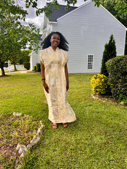 Luxury Gold and Black African European Damask Brocade Bubu Maxi Dress