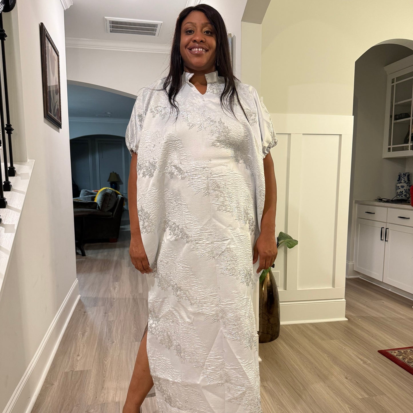 White Brocade African Maxi Dress: Modern Bubu/Boubou Gown