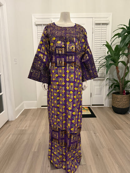 African Gold Plated Ankara Wax Print Embroidered Kaftan Dress with Glittery Stones