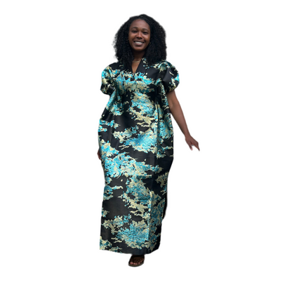 African Luxury Damask Brocade Abstract Pattern Bubu Maxi Dress