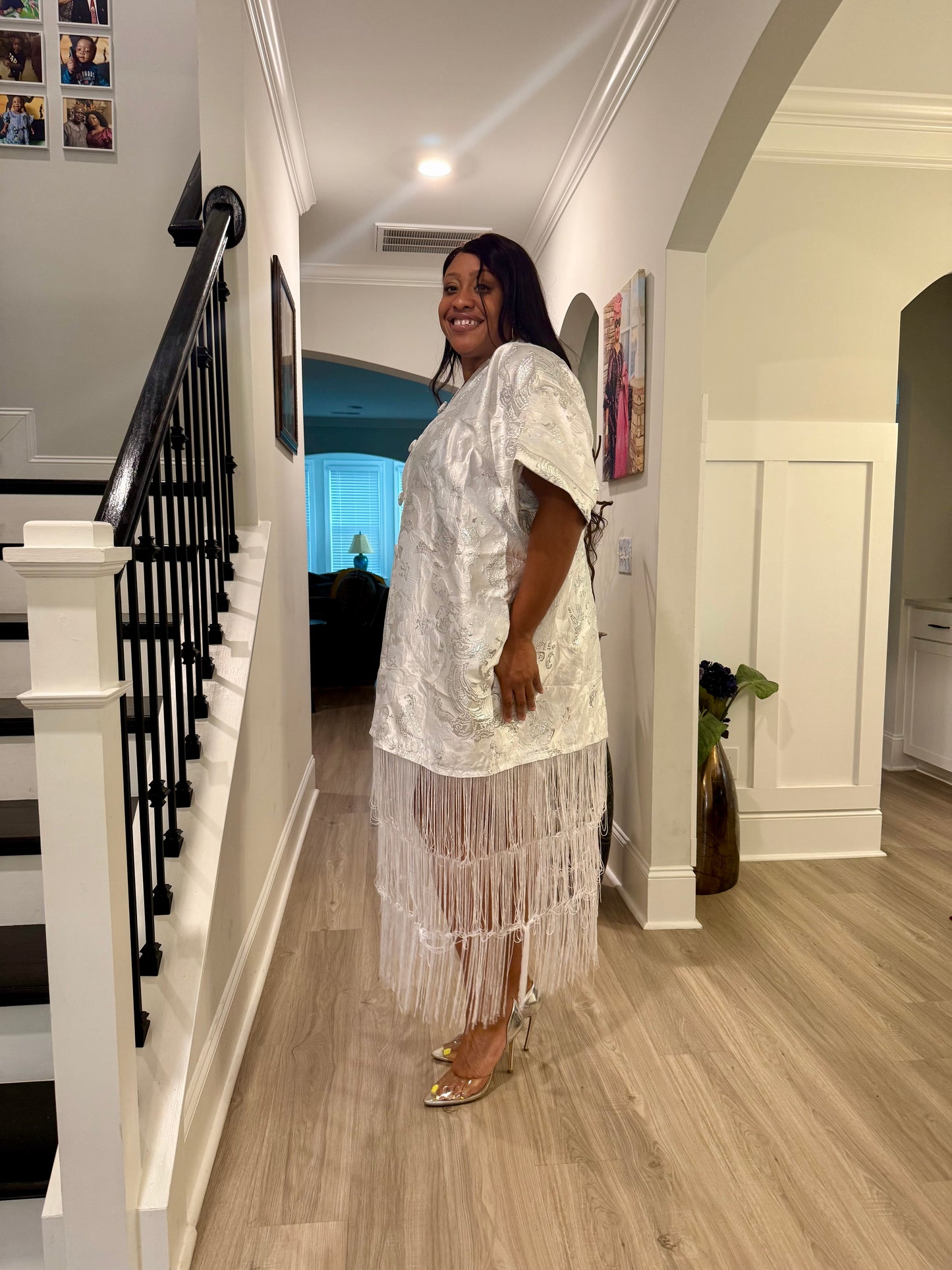 White Brocade African Maxi Dress: Modern Bubu/Boubou Gown