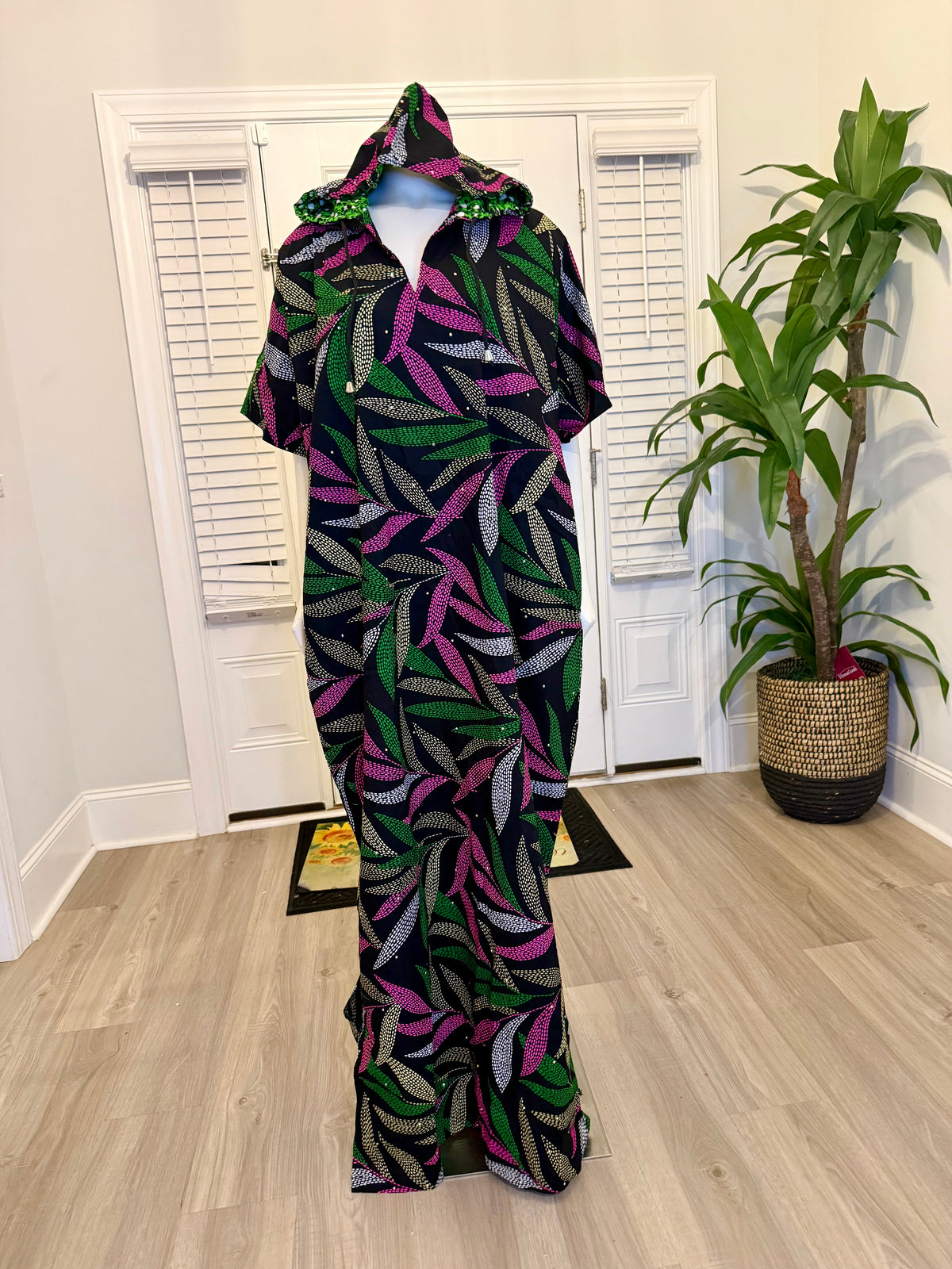 Modern African Ankara Wax Print Hoodie Dress with Glittery stone Embellishments