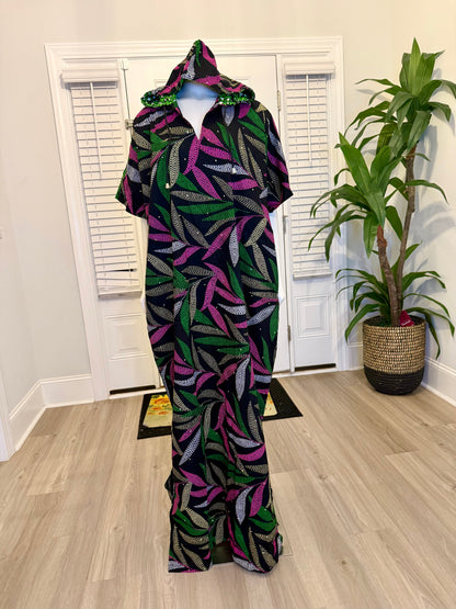 Modern African Ankara Wax Print Hoodie Dress with Glittery stone Embellishments
