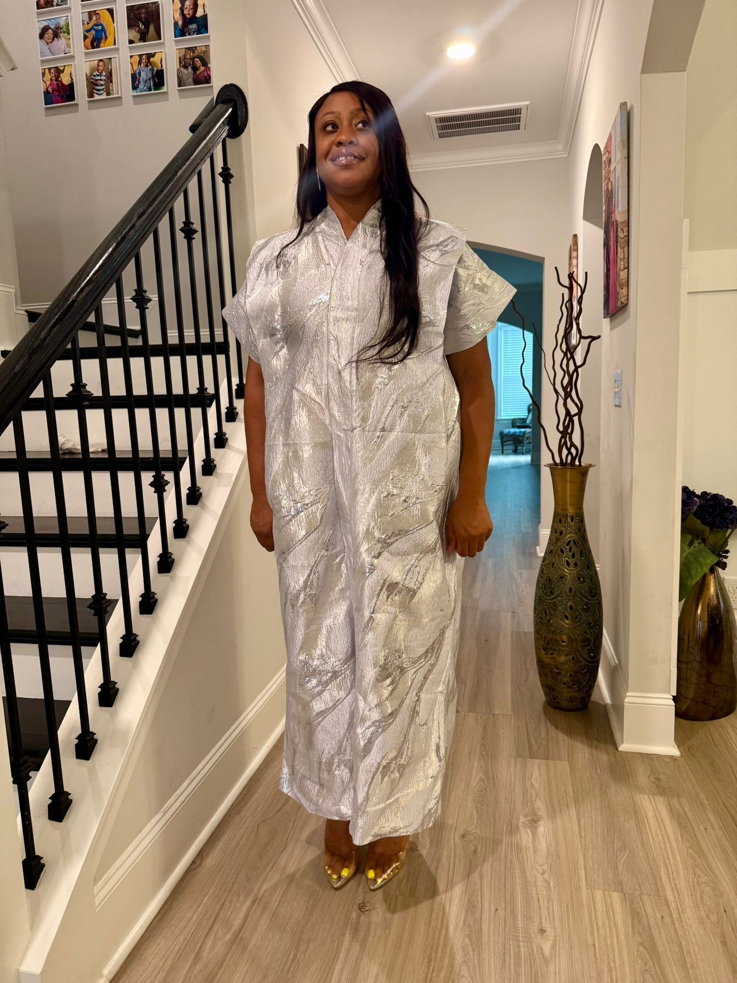 High Quality Luxury White African Damask Brocade Bubu/Boubou Maxi Dress Buga Style