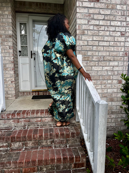African Luxury Damask Brocade Abstract Pattern Bubu Maxi Dress