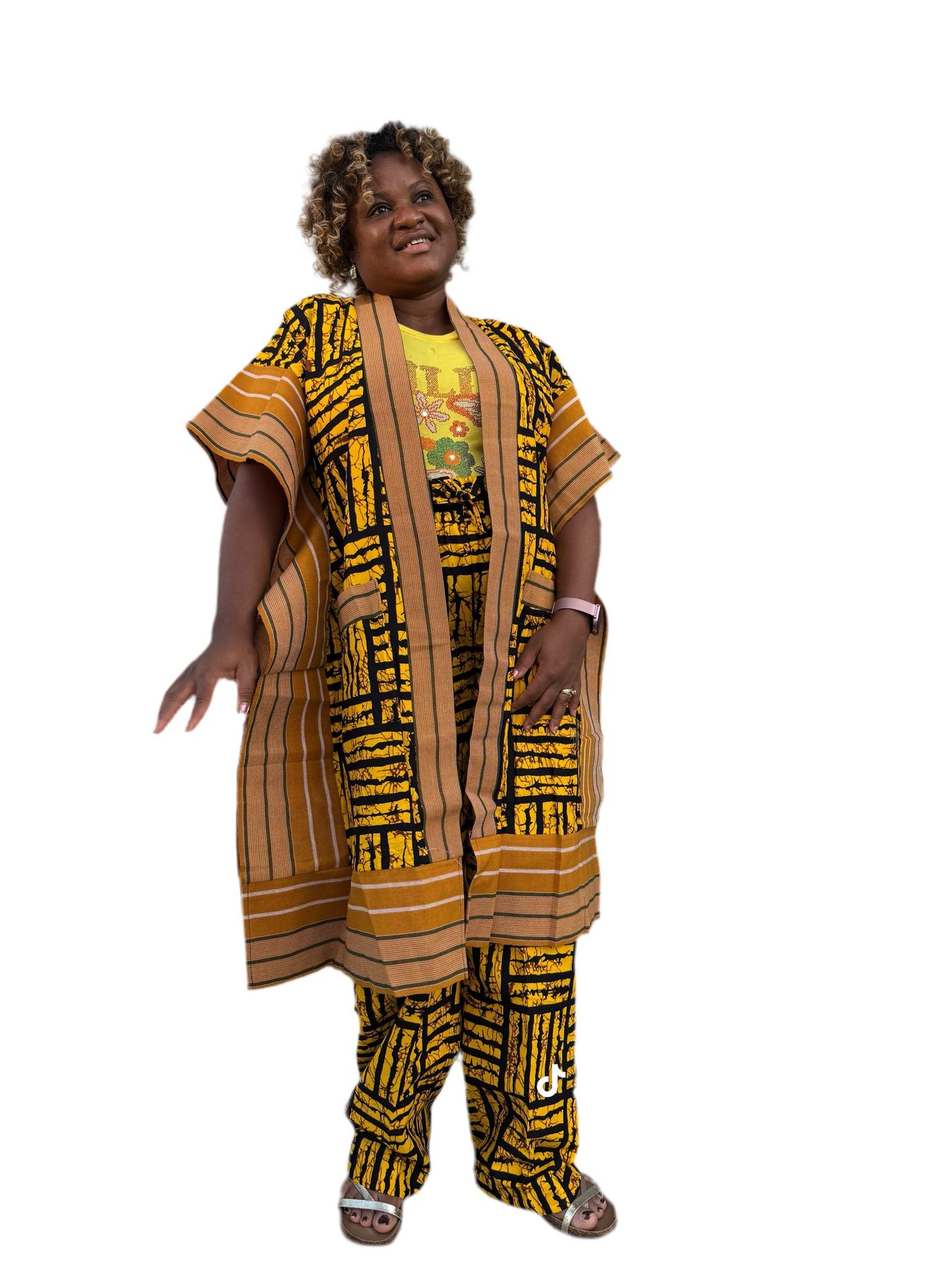 Modern Style African Print Ankara Aso-Oke/Kente Kimono 2p Pant Set