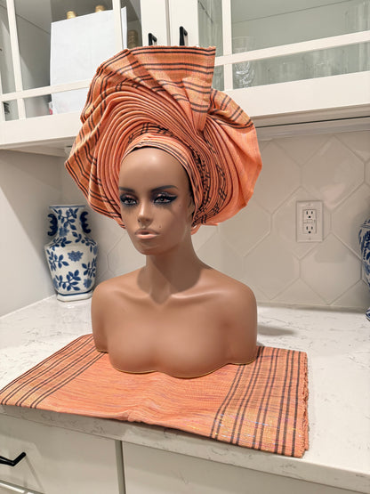 Auto Gele & Ipele Set . Plain Pattern Traditional Aso-Oke Bridal Headwear