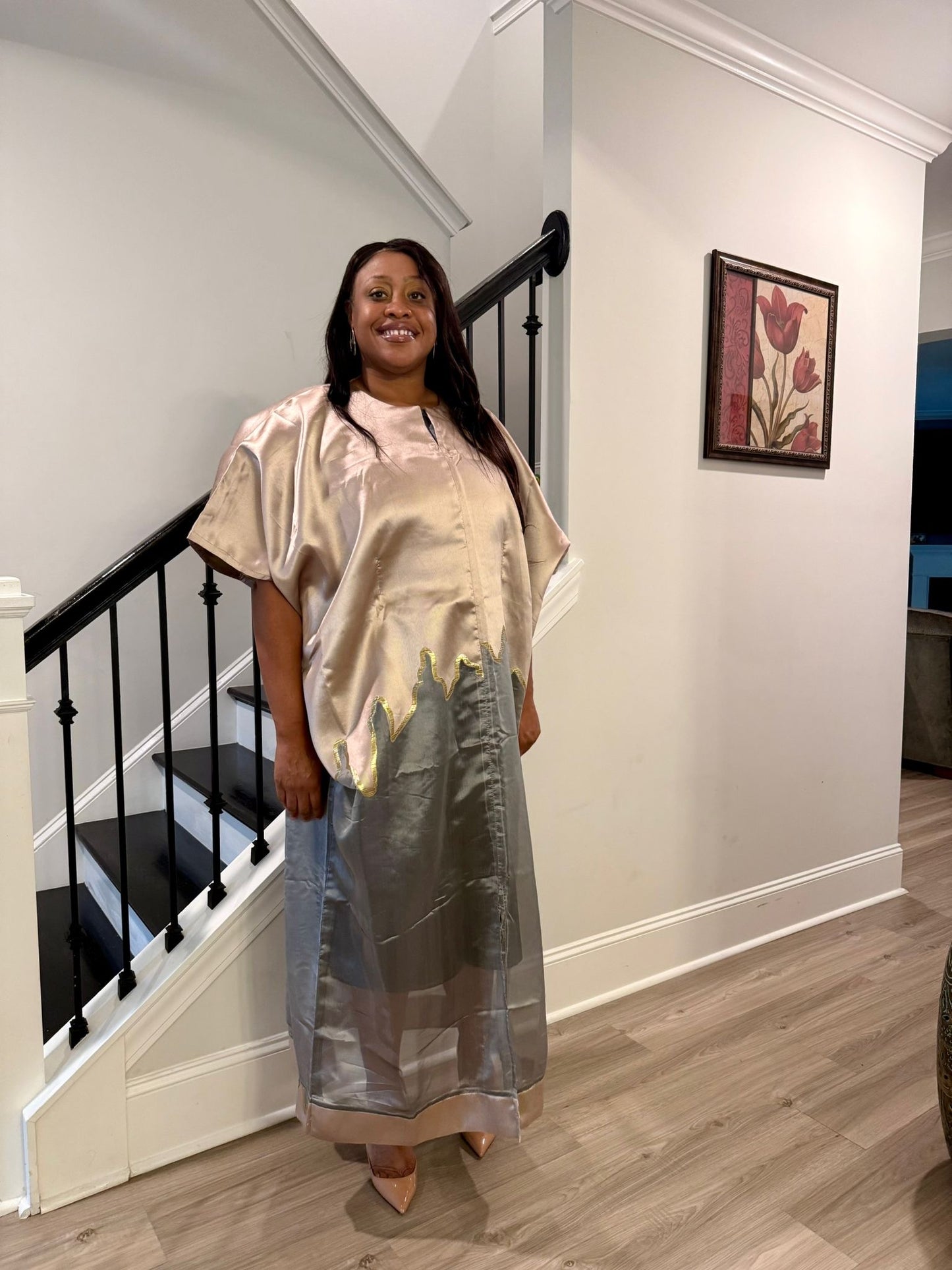 Modern Luxury 2 tone European Organza/Damask Brocade Bubu/Boubou Maxi Dress with inner wear