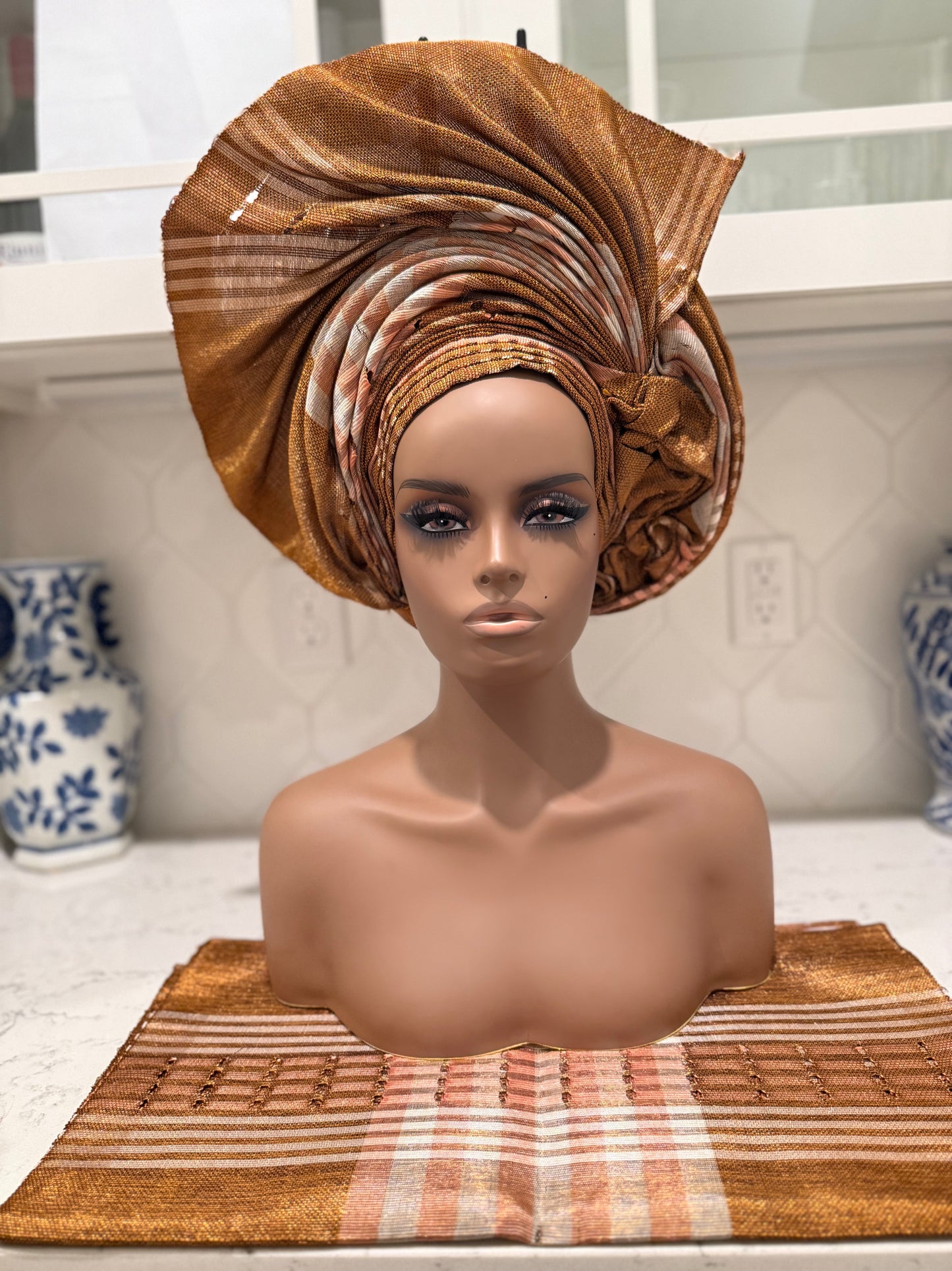 Auto Gele & Ipele Set . Plain Pattern Traditional Aso-Oke Bridal Headwear