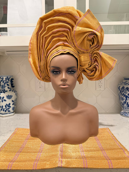 Auto Gele & Ipele Set . Plain Pattern Traditional Aso-Oke Bridal Headwear