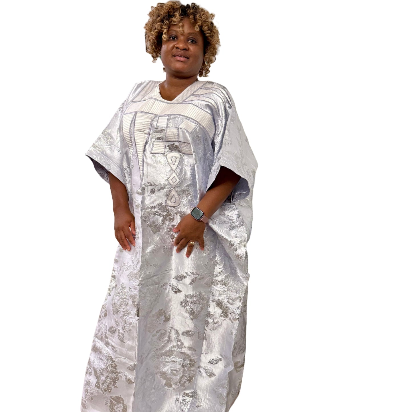 Embroidered White Brocade Maxi Dress: African Bubu Boubou Gown