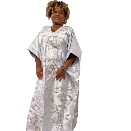 Embroidered White Brocade Maxi Dress: African Bubu Boubou Gown