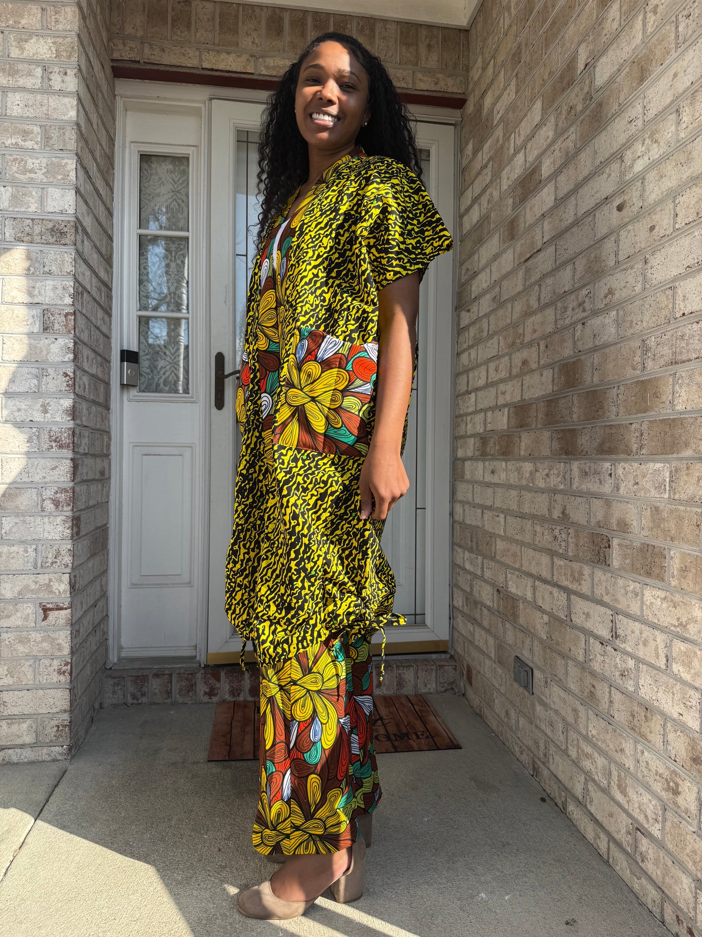 Modern African Ankara Wax Print Afro Calantha Tie side kimono 2p Women Pant Set