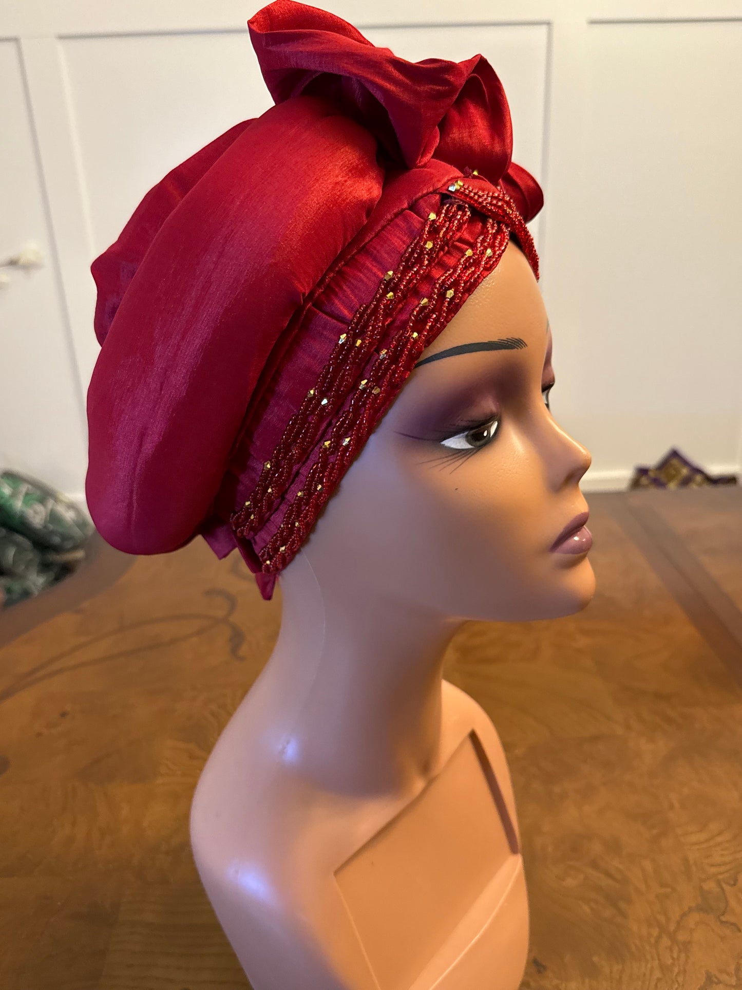 African Double Patterned Beaded Afro Adufe Turban/Hat/Cap