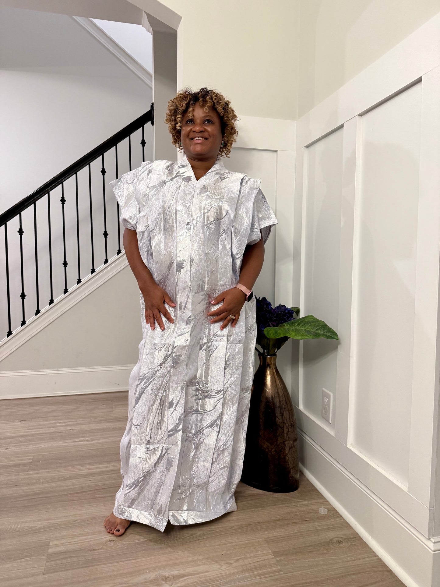 High Quality Luxury White African Damask Brocade Bubu/Boubou Maxi Dress Buga Style