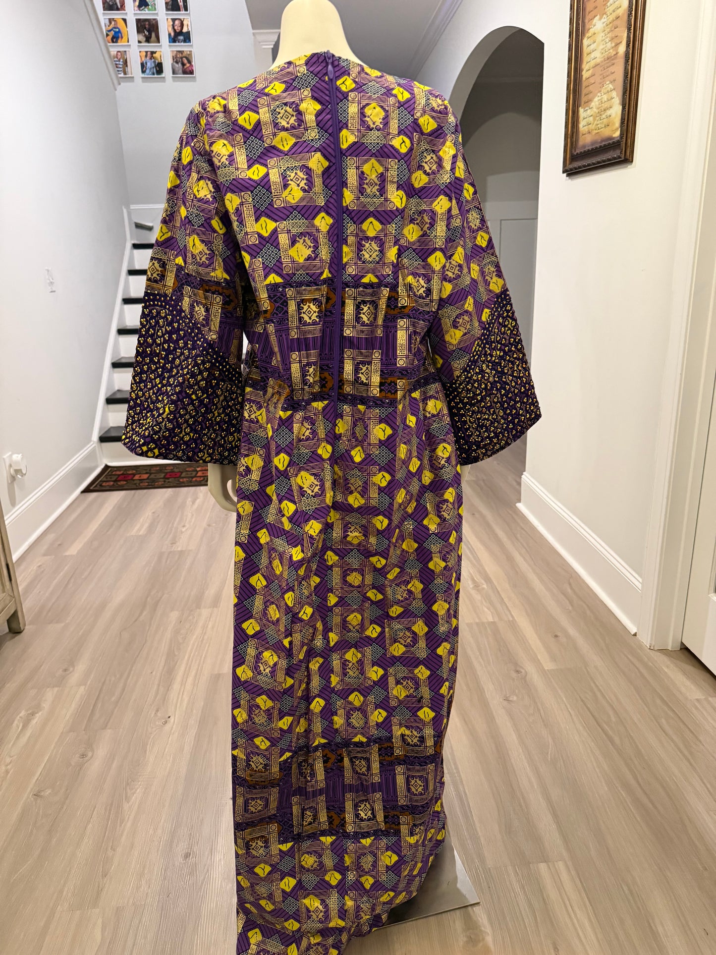 African Gold Plated Ankara Wax Print Embroidered Kaftan Dress with Glittery Stones