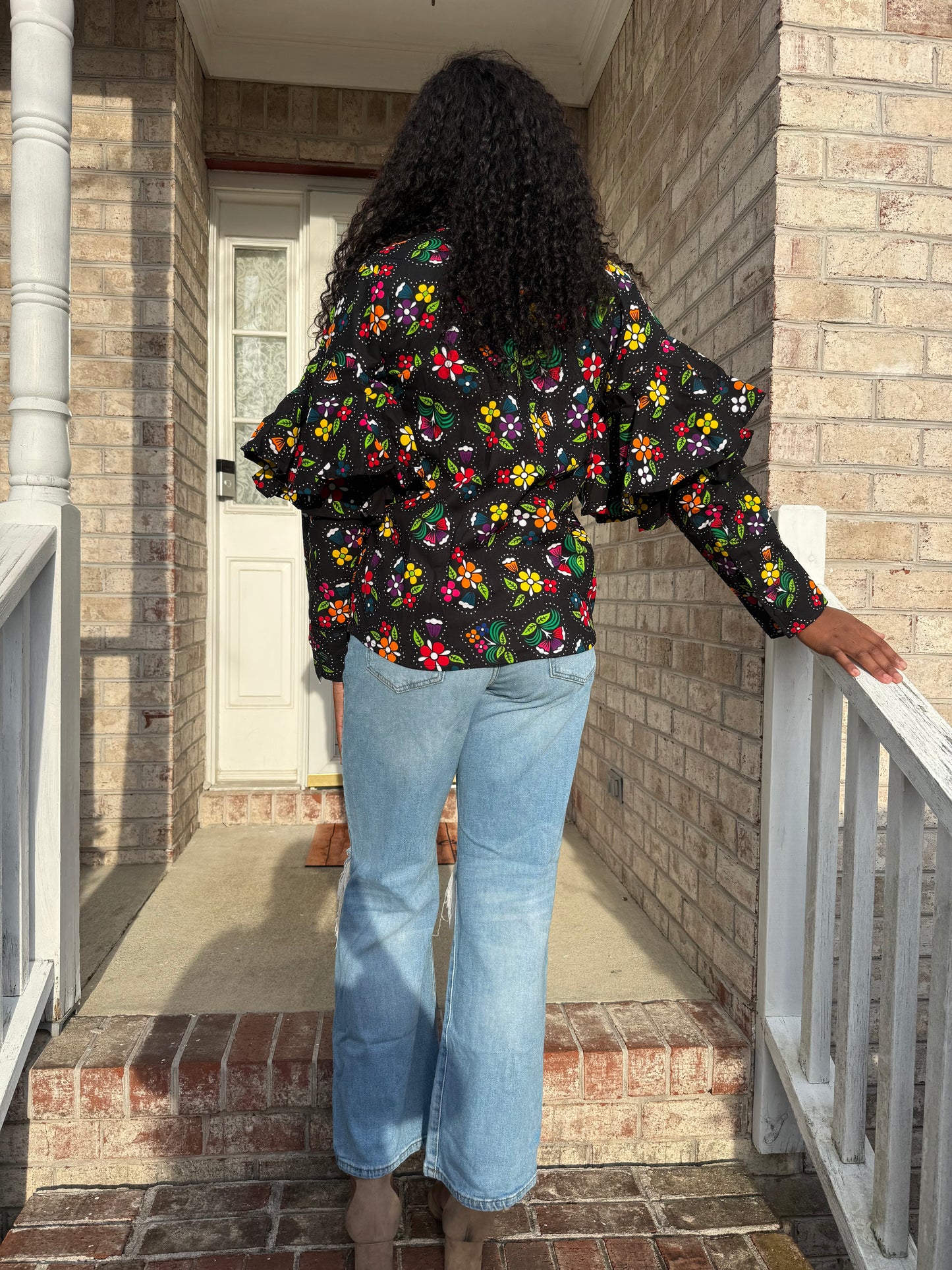 African Ankara Wax Print Floral Ruffles Hand Women Shirt Tops/Blouse