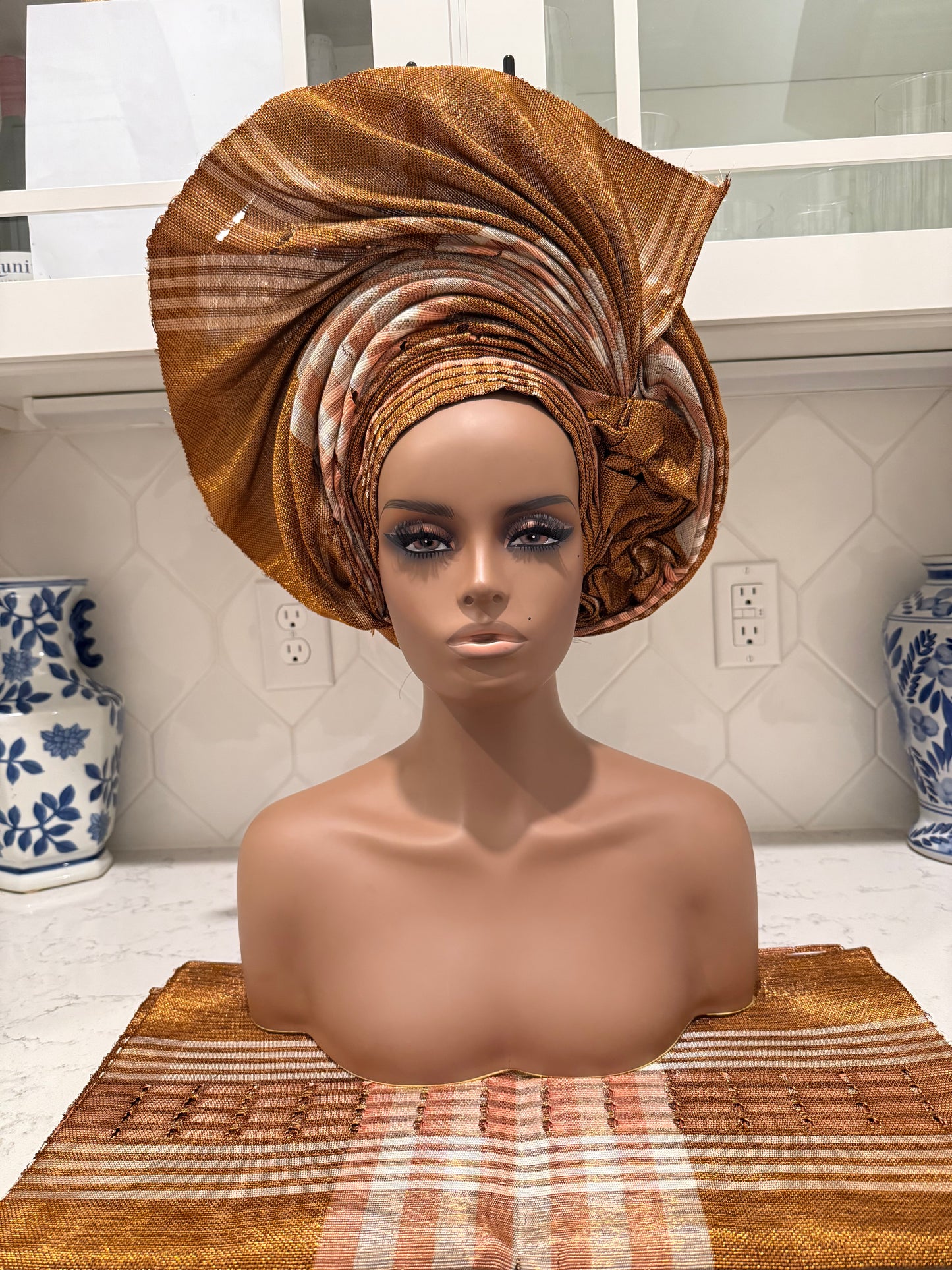 Auto Gele & Ipele Set . Plain Pattern Traditional Aso-Oke Bridal Headwear