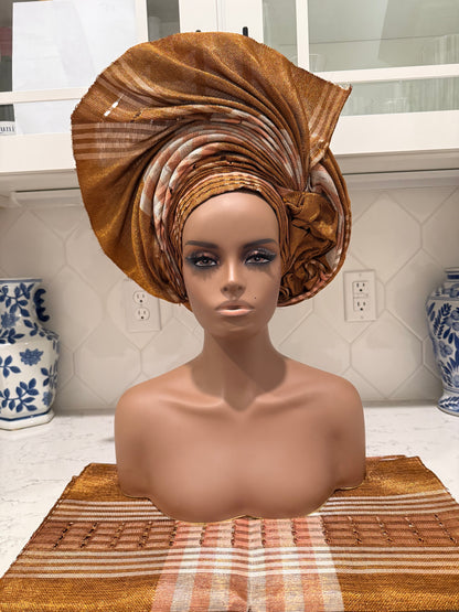 Auto Gele & Ipele Set . Plain Pattern Traditional Aso-Oke Bridal Headwear