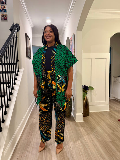 Modern African Ankara Wax Print Afro Calantha Tie side kimono 2p Women Pant Set