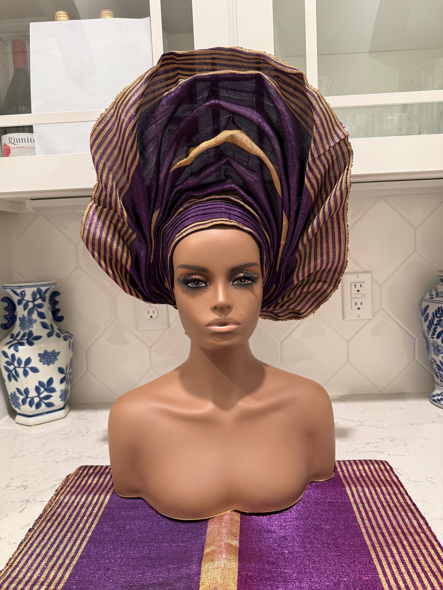 Auto Gele & Ipele Set . Plain Pattern Traditional Aso-Oke Bridal Headwear