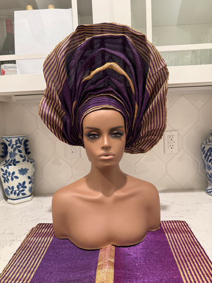 Auto Gele & Ipele Set . Plain Pattern Traditional Aso-Oke Bridal Headwear