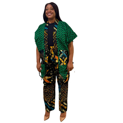 Modern African Ankara Wax Print Afro Calantha Tie side kimono 2p Women Pant Set
