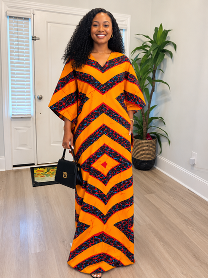 African Print Ankara V Neck Buttterfly Sleeve Kaftan Dress