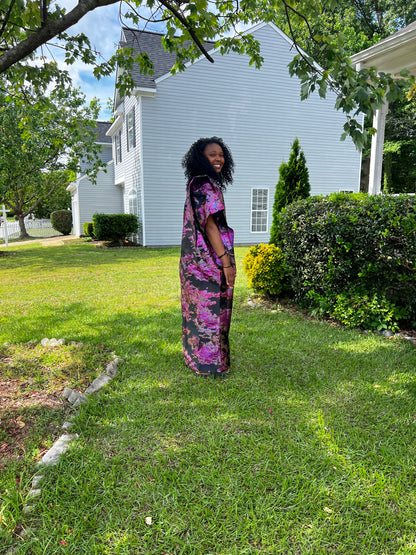 African Luxury Damask Brocade Abstract Pattern Bubu Maxi Dress