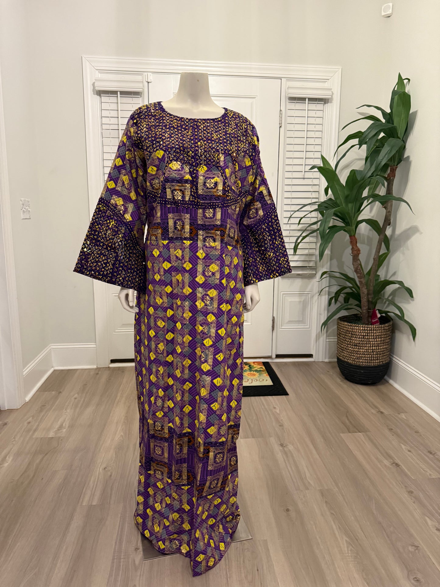 African Gold Plated Ankara Wax Print Embroidered Kaftan Dress with Glittery Stones