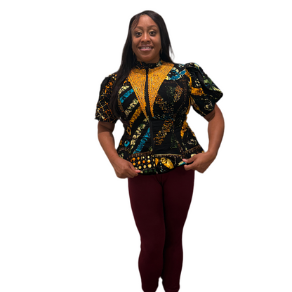 Uniquely Designed African Prints Ankara Stonned with Trimmings Afro Lesedi Fitted Tops/Blouse