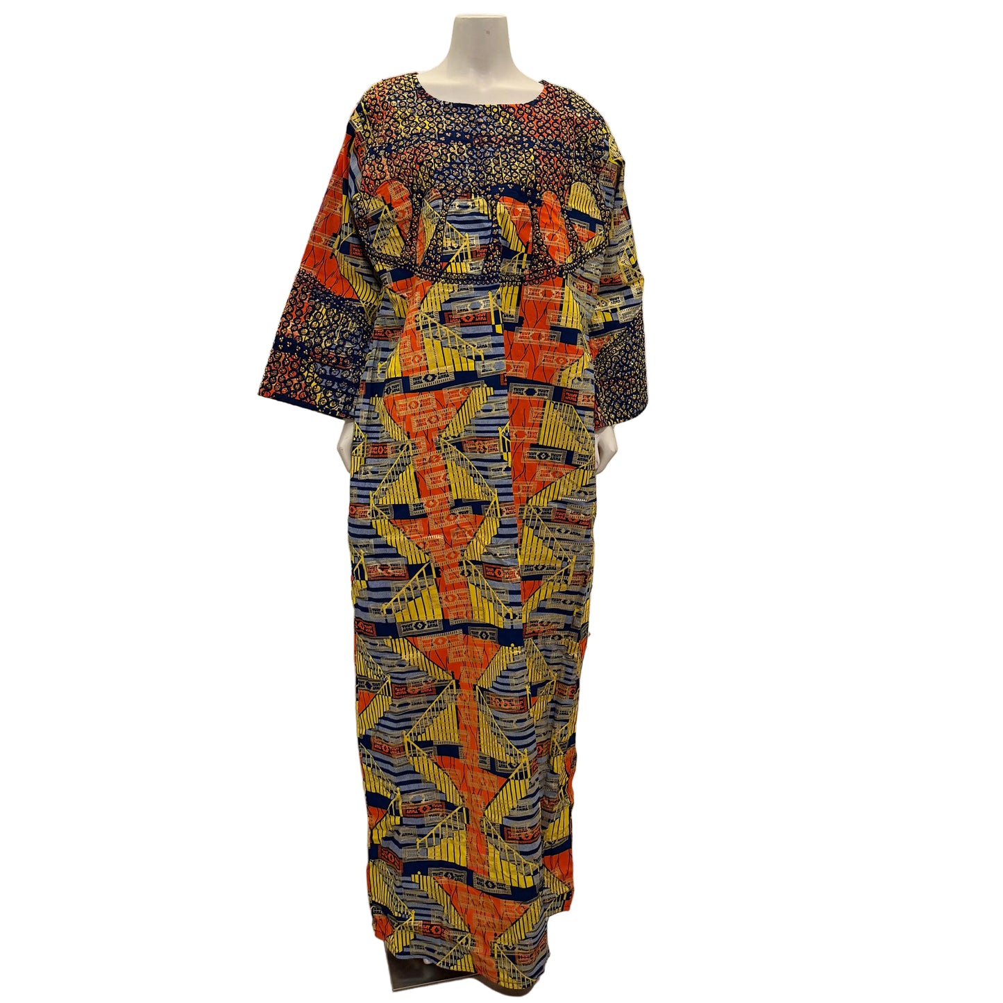 African Gold Plated Ankara Wax Print Embroidered Kaftan Dress with Glittery Stones