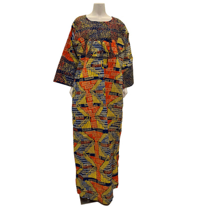 African Gold Plated Ankara Wax Print Embroidered Kaftan Dress with Glittery Stones