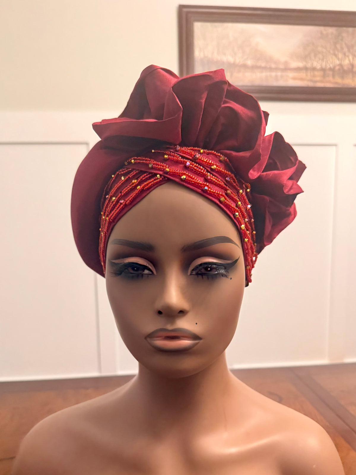 African Double Patterned Beaded Afro Adufe Turban/Hat/Cap