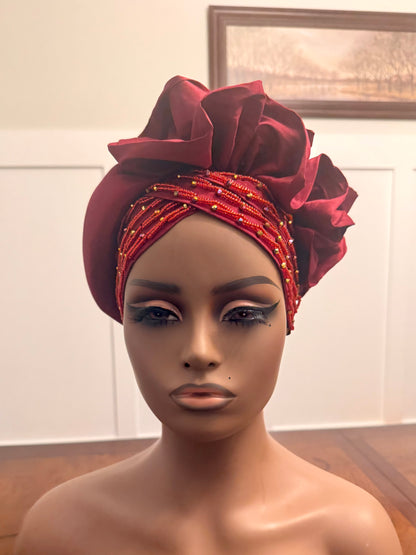 African Double Patterned Beaded Afro Adufe Turban/Hat/Cap