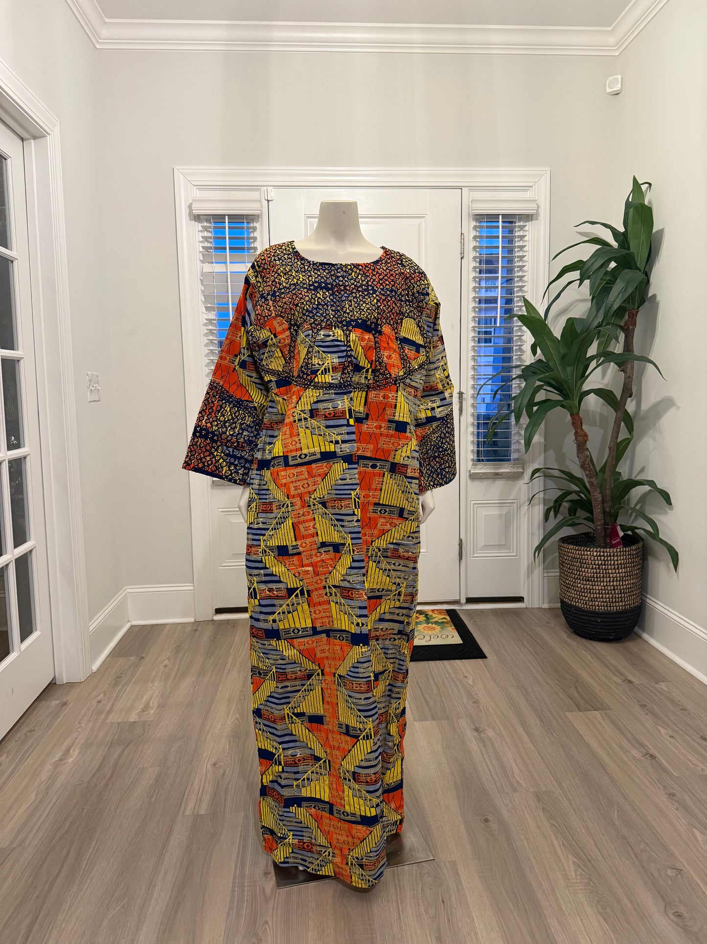 African Gold Plated Ankara Wax Print Embroidered Kaftan Dress with Glittery Stones