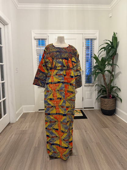 African Gold Plated Ankara Wax Print Embroidered Kaftan Dress with Glittery Stones