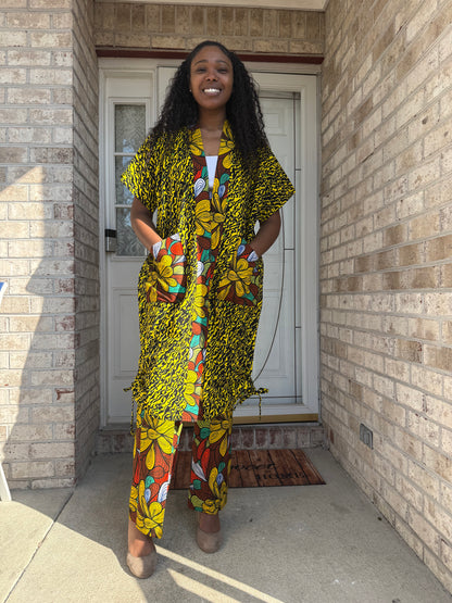 Modern African Ankara Wax Print Afro Calantha Tie side kimono 2p Women Pant Set