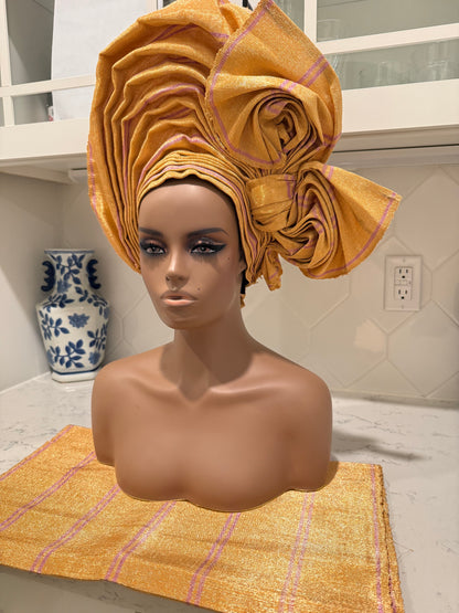 Auto Gele & Ipele Set . Plain Pattern Traditional Aso-Oke Bridal Headwear